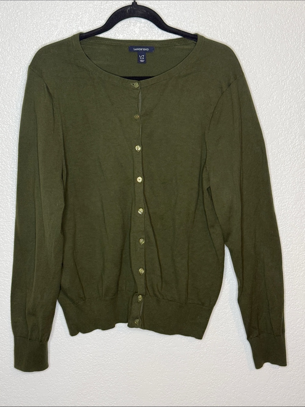 Lands End Army Green Cardigan Gold Rimmed Buttons Size Large (14/16)